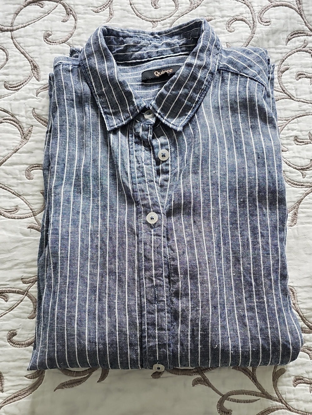 Quince Navy and White Vertical Stripe Button-Down Shirt